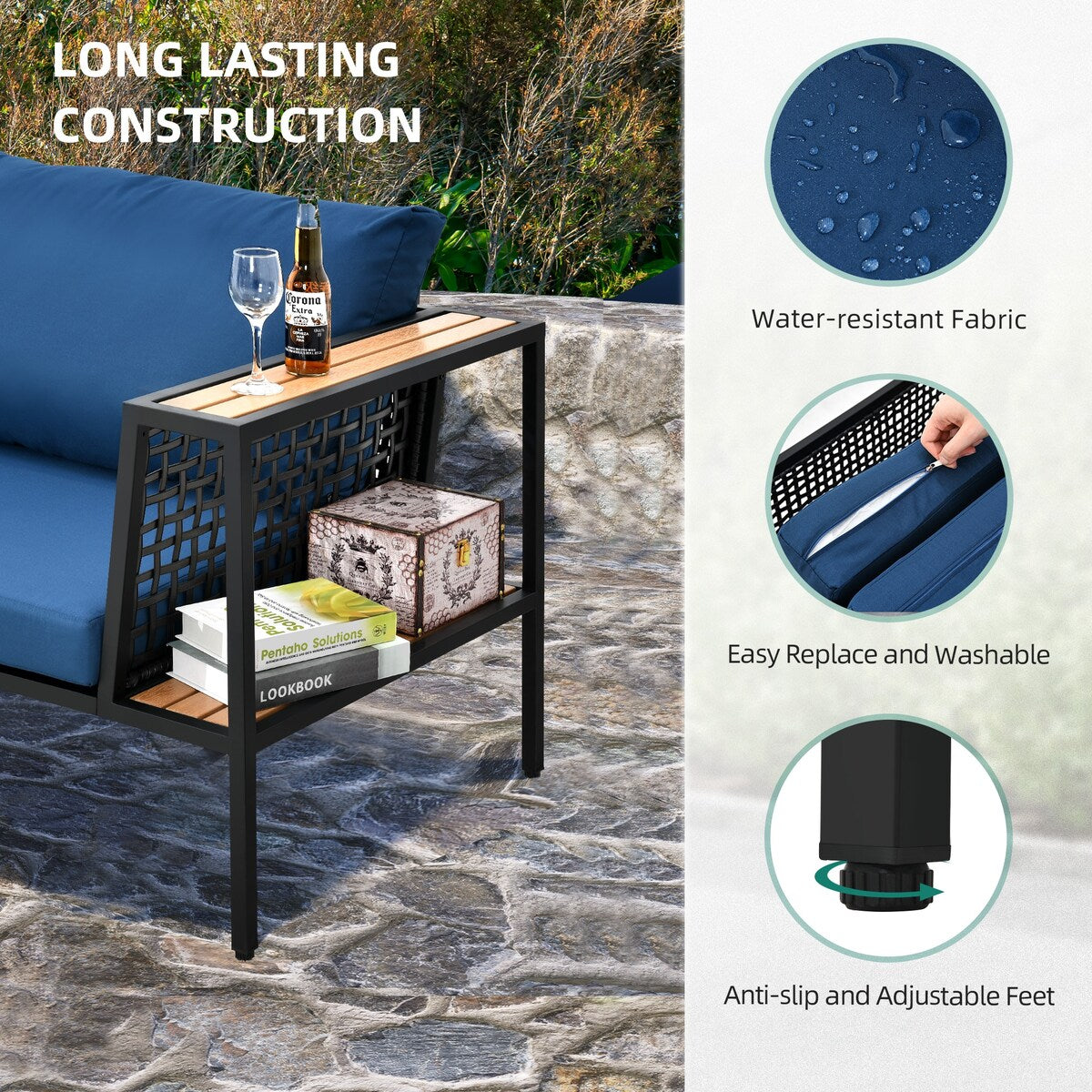 Arpil Wicker Loveseat Set with Plastic Wood Table Dining Set Navy Cushion