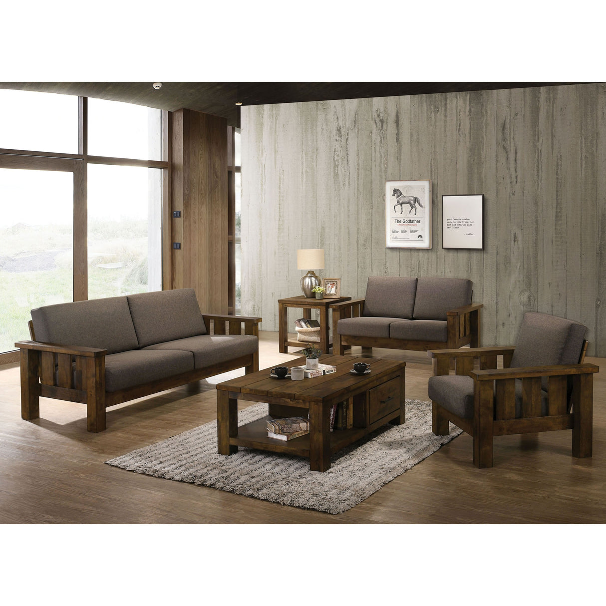 Jimo Rustic Oak and Linen Fabric 3-Piece Sofa Set by Furniture of America