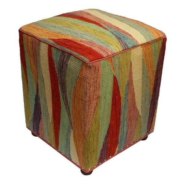 Arshs Cortney Ivory/Rust Kilim Upholstered Handmade Ottoman(16"x16"x18")