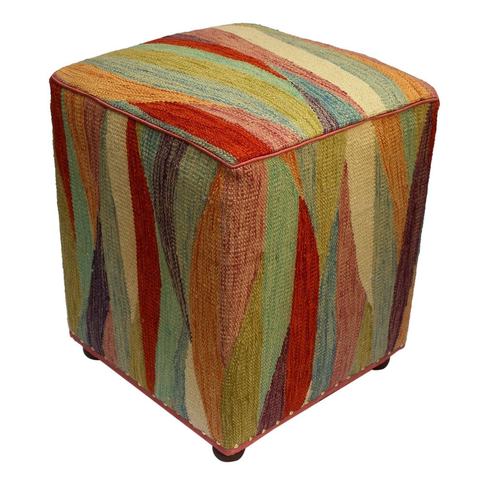 Arshs Cortney Ivory/Rust Kilim Upholstered Handmade Ottoman(16"x16"x18")