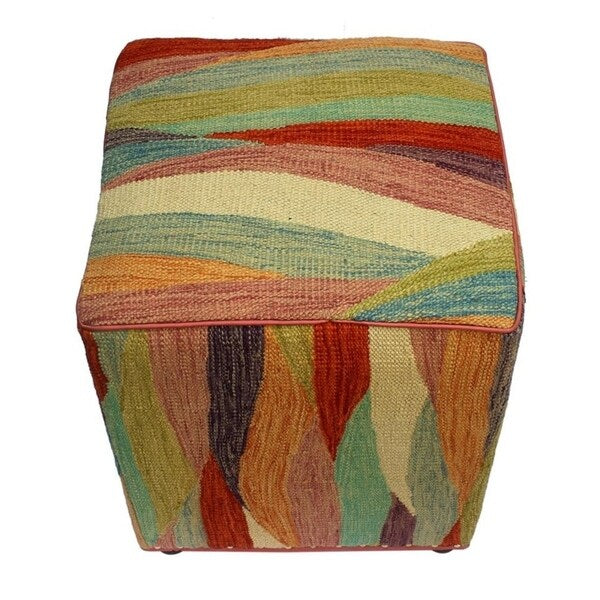 Arshs Cortney Ivory/Rust Kilim Upholstered Handmade Ottoman(16"x16"x18")