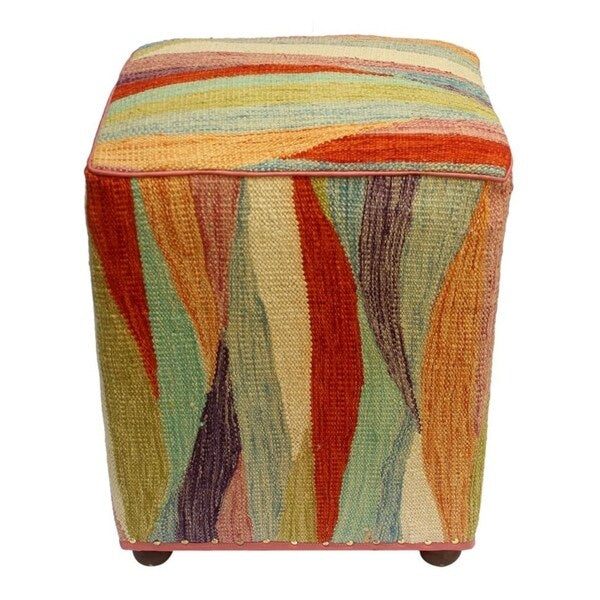 Arshs Cortney Ivory/Rust Kilim Upholstered Handmade Ottoman(16"x16"x18")