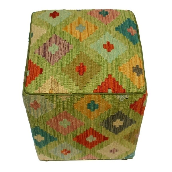 Arshs Courtney Green/Ivory Kilim Upholstered Handmade Ottoman(16"x16"x18")