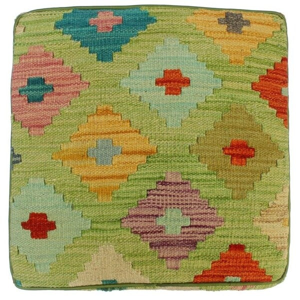Arshs Courtney Green/Ivory Kilim Upholstered Handmade Ottoman(16"x16"x18")