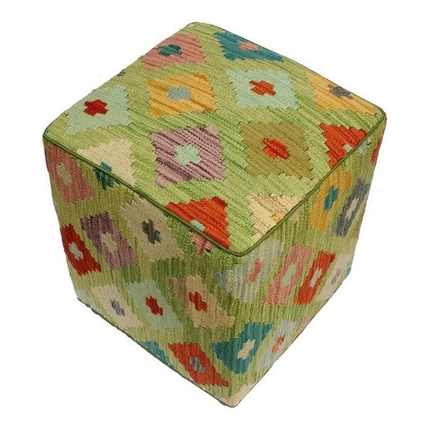 Arshs Courtney Green/Ivory Kilim Upholstered Handmade Ottoman(16"x16"x18")