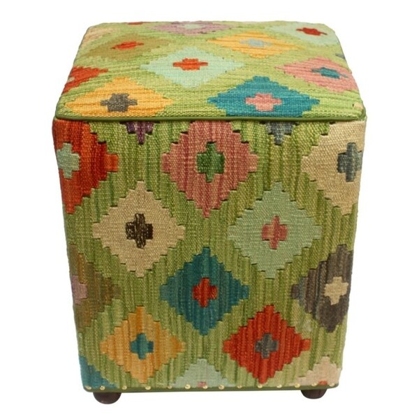 Arshs Courtney Green/Ivory Kilim Upholstered Handmade Ottoman(16"x16"x18")