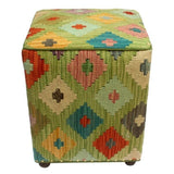 Arshs Courtney Green/Ivory Kilim Upholstered Handmade Ottoman(16"x16"x18")