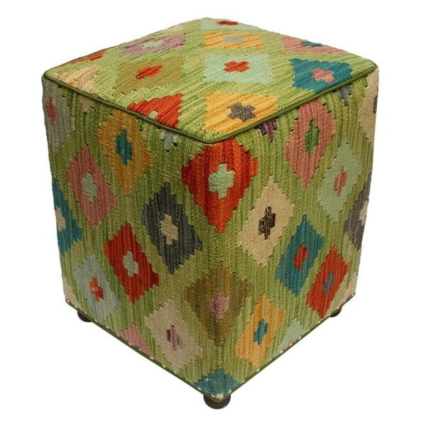 Arshs Courtney Green/Ivory Kilim Upholstered Handmade Ottoman(16"x16"x18")