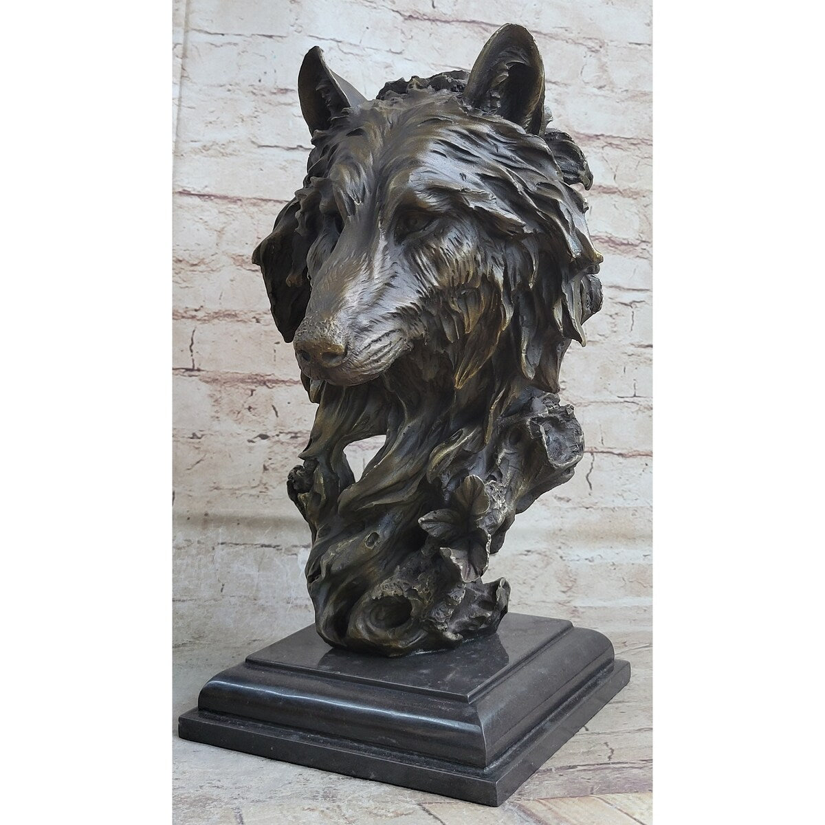 Art Deco Marble Bronze Sculpture Statue Wolf Head Bust Wild Life Garden Figurine