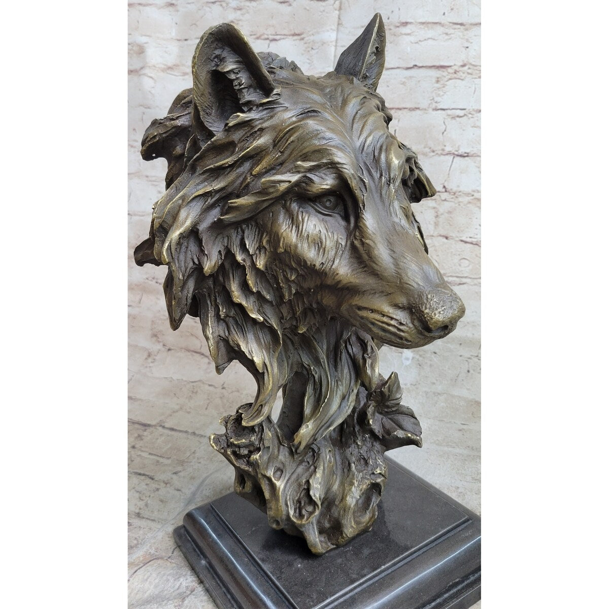 Art Deco Marble Bronze Sculpture Statue Wolf Head Bust Wild Life Garden Figurine