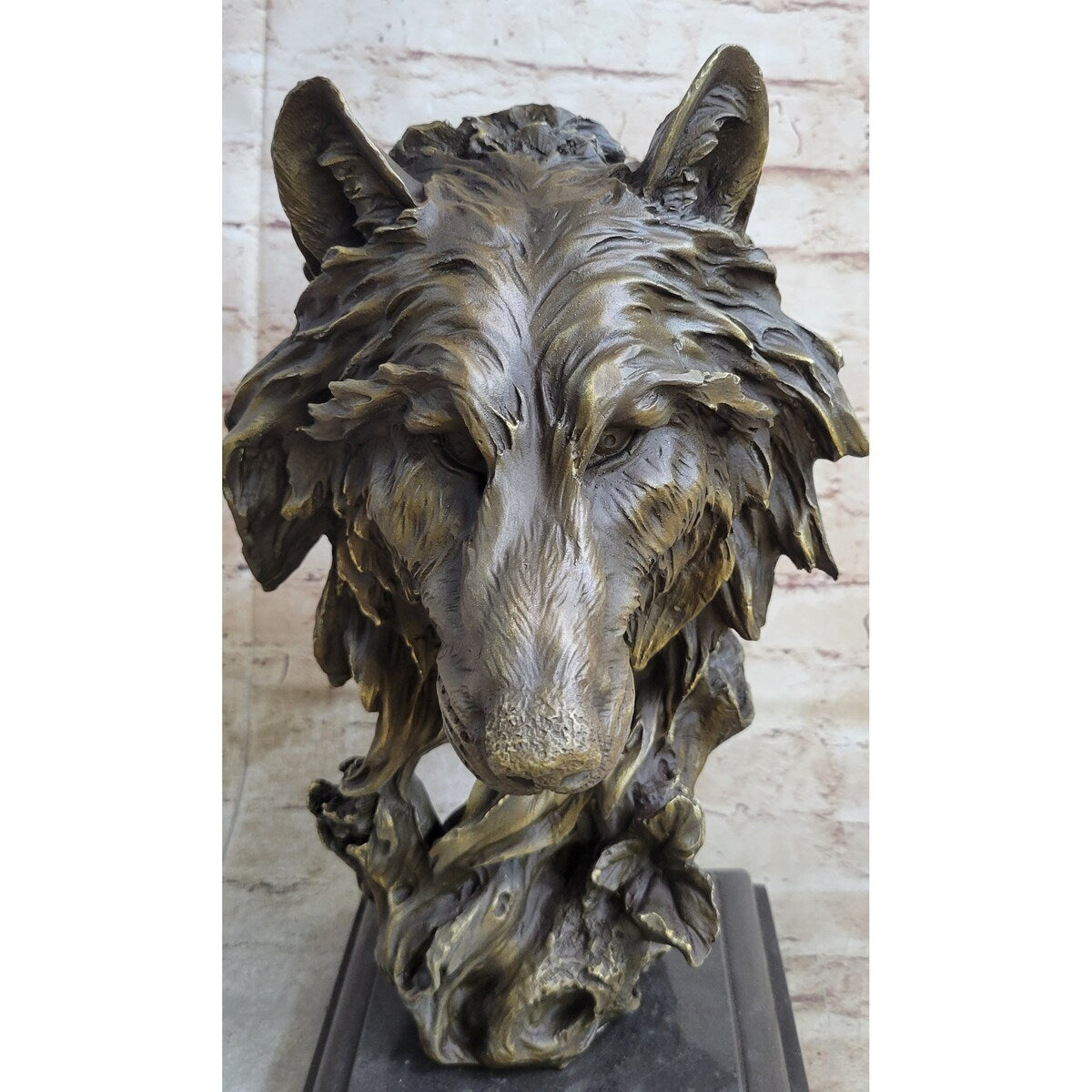 Art Deco Marble Bronze Sculpture Statue Wolf Head Bust Wild Life Garden Figurine
