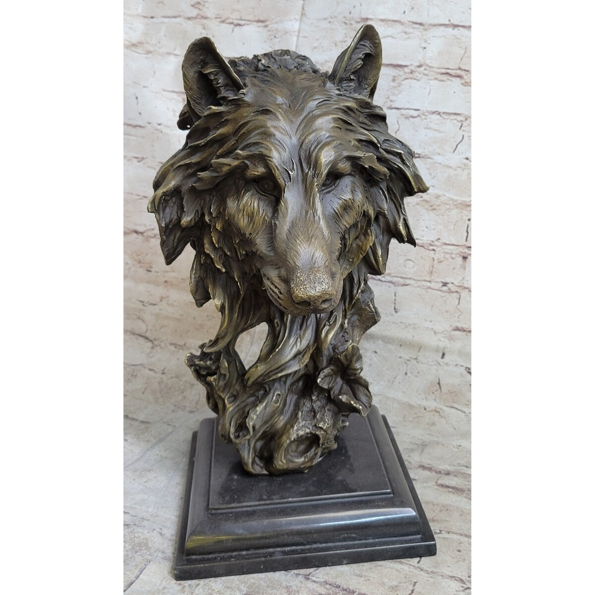 Art Deco Marble Bronze Sculpture Statue Wolf Head Bust Wild Life Garden Figurine