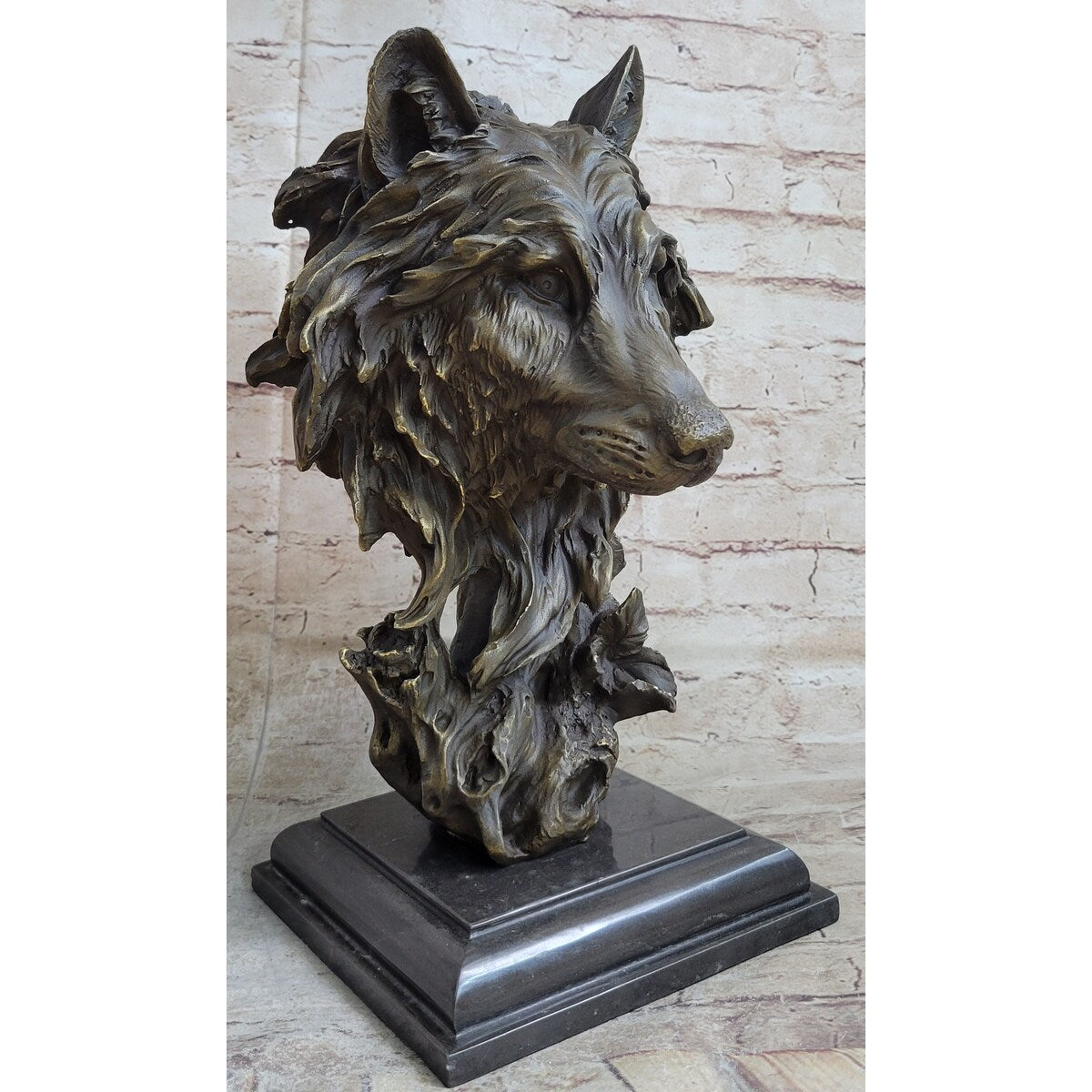 Art Deco Marble Bronze Sculpture Statue Wolf Head Bust Wild Life Garden Figurine