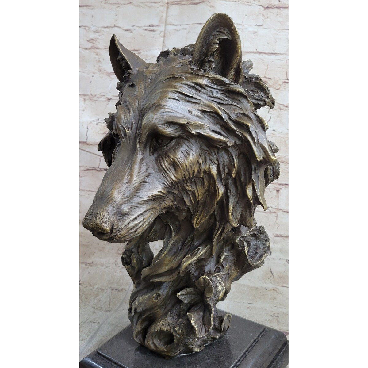 Art Deco Marble Bronze Sculpture Statue Wolf Head Bust Wild Life Garden Figurine