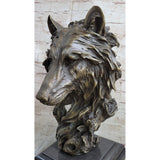 Art Deco Marble Bronze Sculpture Statue Wolf Head Bust Wild Life Garden Figurine
