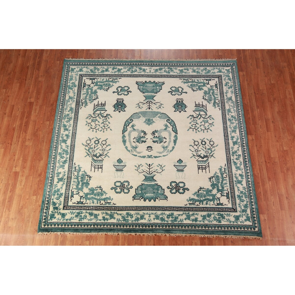 Art Deco Oriental Square Rug Handmade Wool Carpet - 8'1" x 7'11"