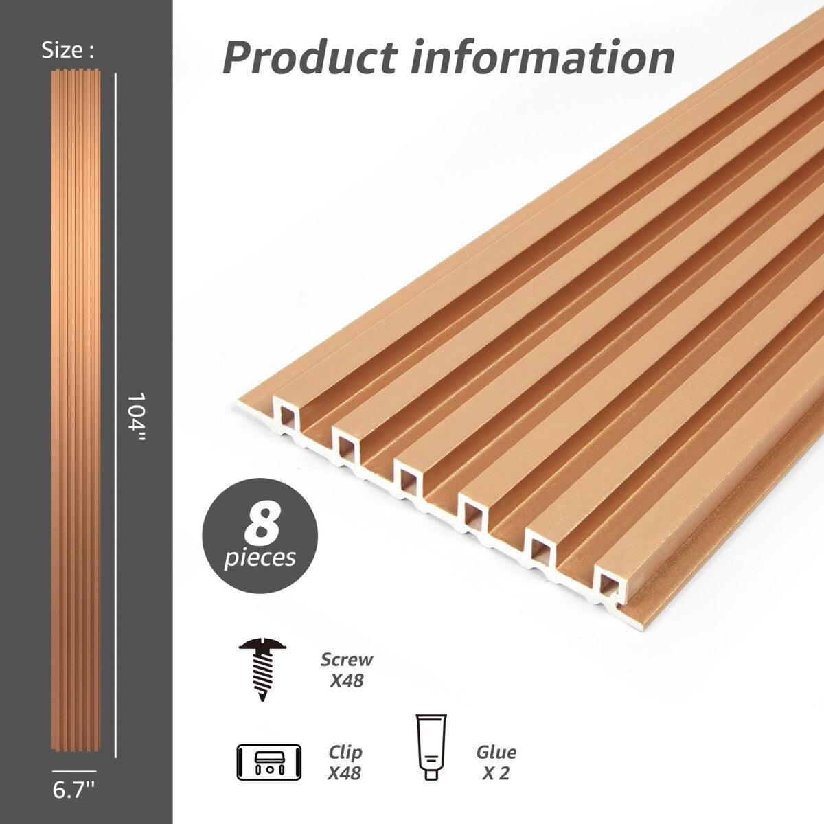 Art3d 104'' X 6.7'' Slat Wall Panel for Modern Decor, WPC Wall Paneling, Metallic Finish(Set of 8)