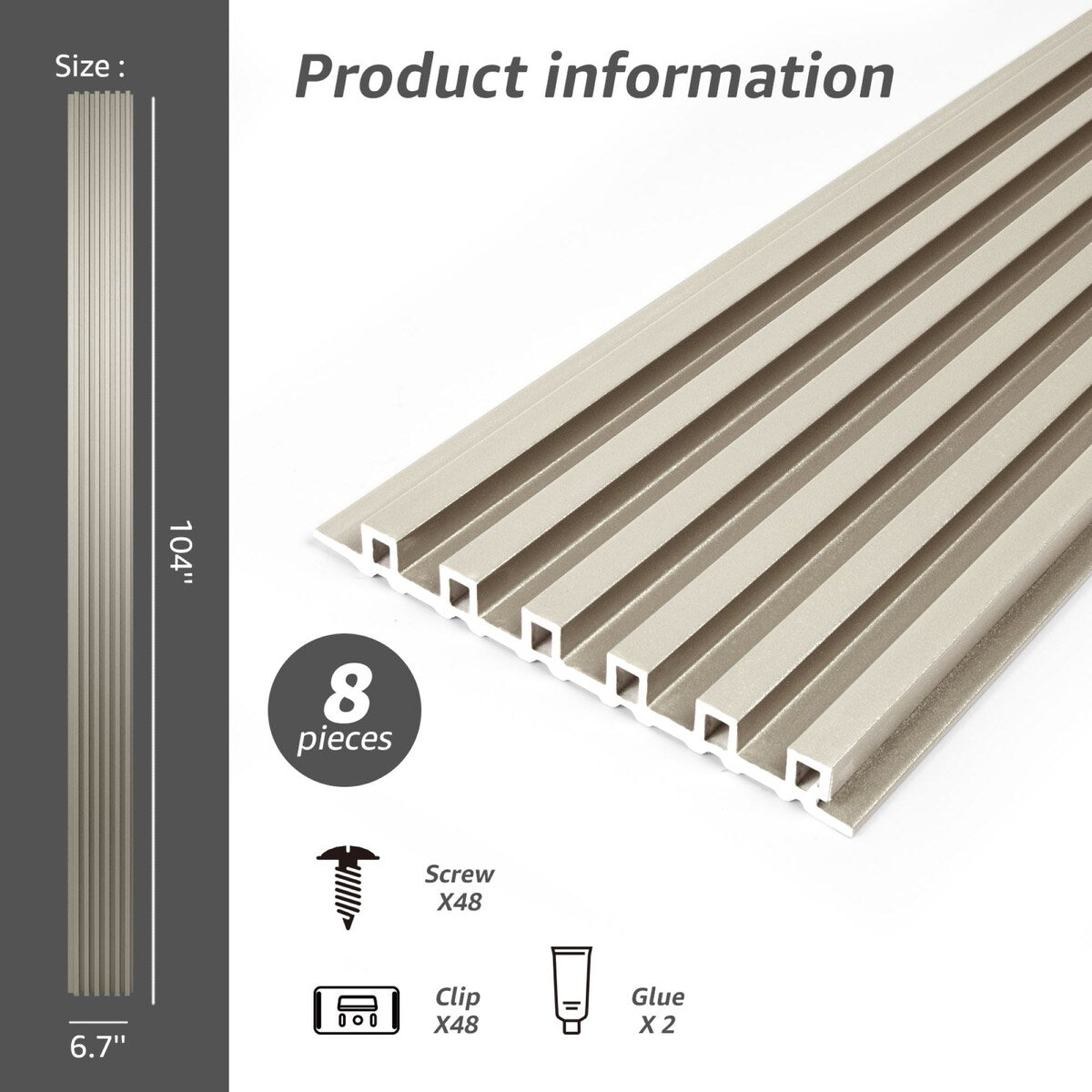 Art3d 104'' X 6.7'' Slat Wall Panel for Modern Decor, WPC Wall Paneling, Metallic Finish(Set of 8)