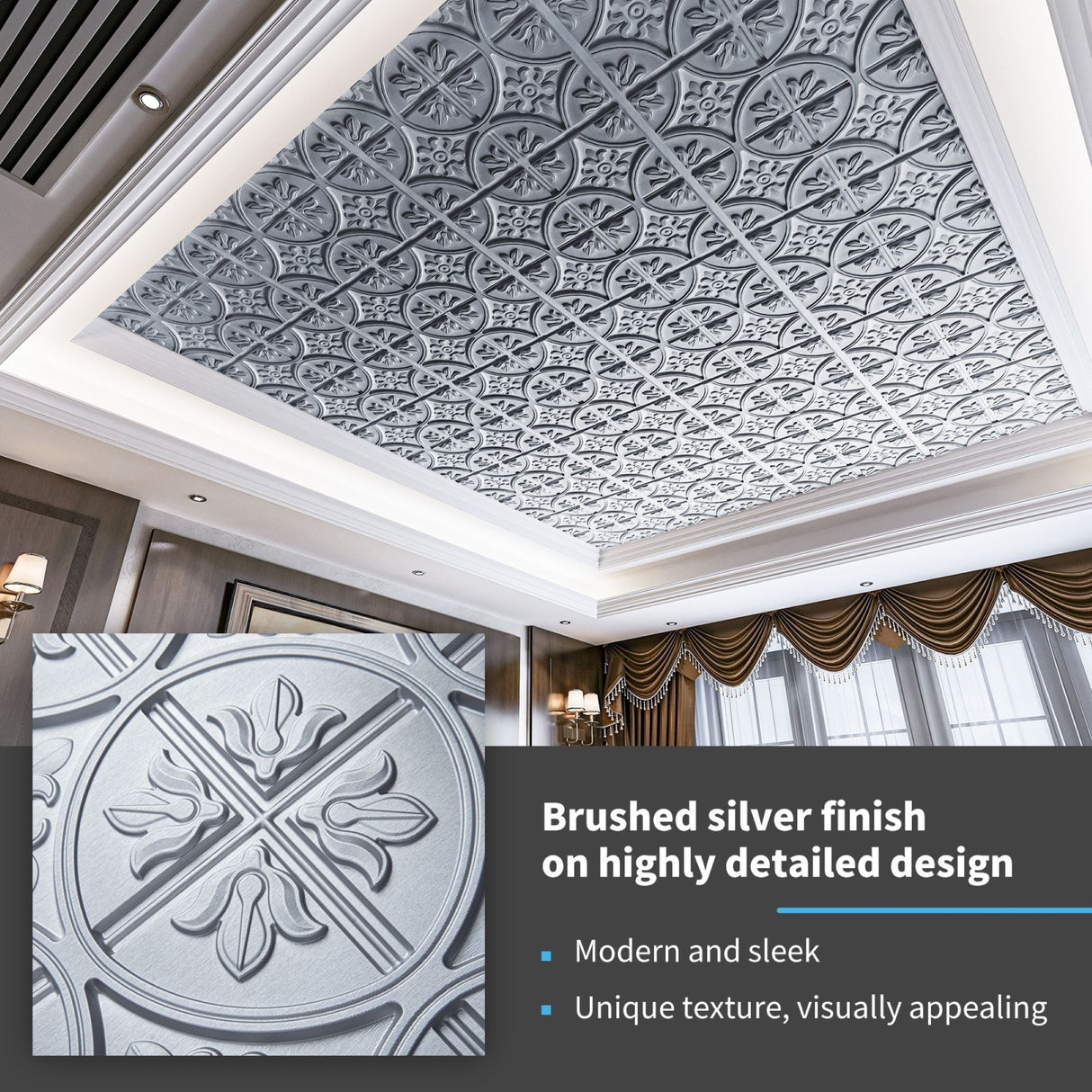 Art3d 2x2 ft. PVC Ceiling Tile, Fancy Classic Style in Argent Sliver,12 pcs