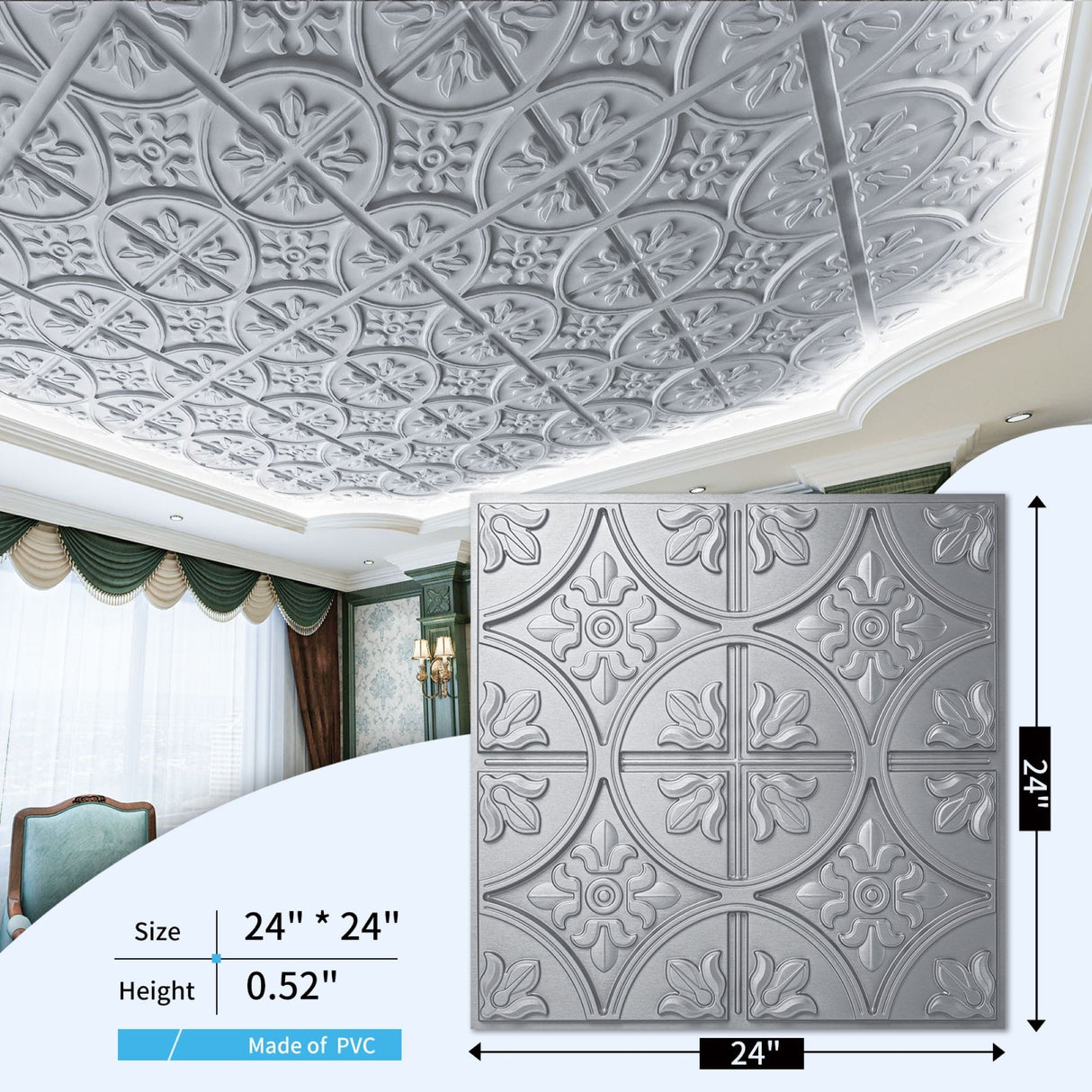Art3d 2x2 ft. PVC Ceiling Tile, Fancy Classic Style in Argent Sliver,12 pcs