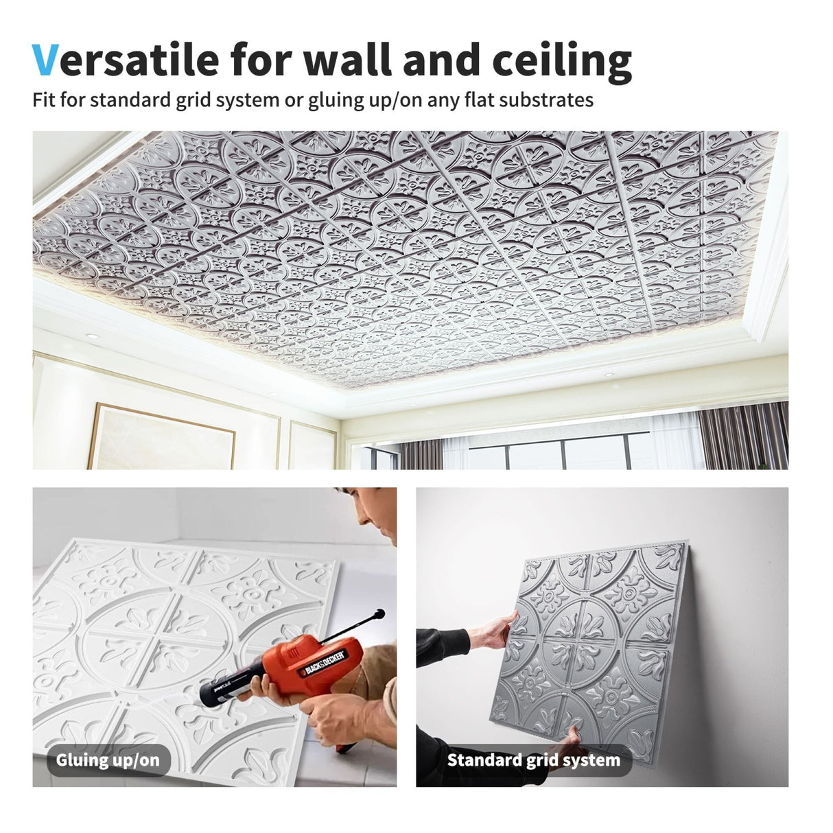 Art3d 2x2 ft. PVC Ceiling Tile, Fancy Classic Style in Argent Sliver,12 pcs