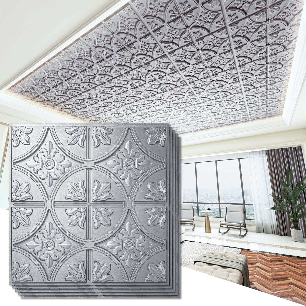 Art3d 2x2 ft. PVC Ceiling Tile, Fancy Classic Style in Argent Sliver,12 pcs