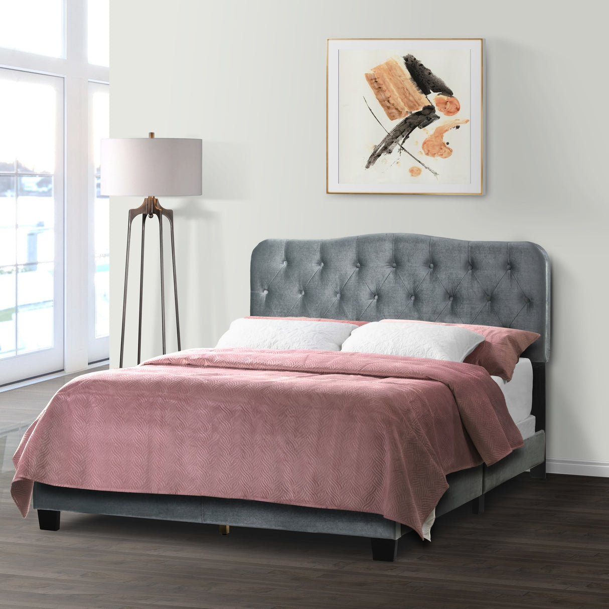Artan Silver Grey Velvet Bed with Button Tufting