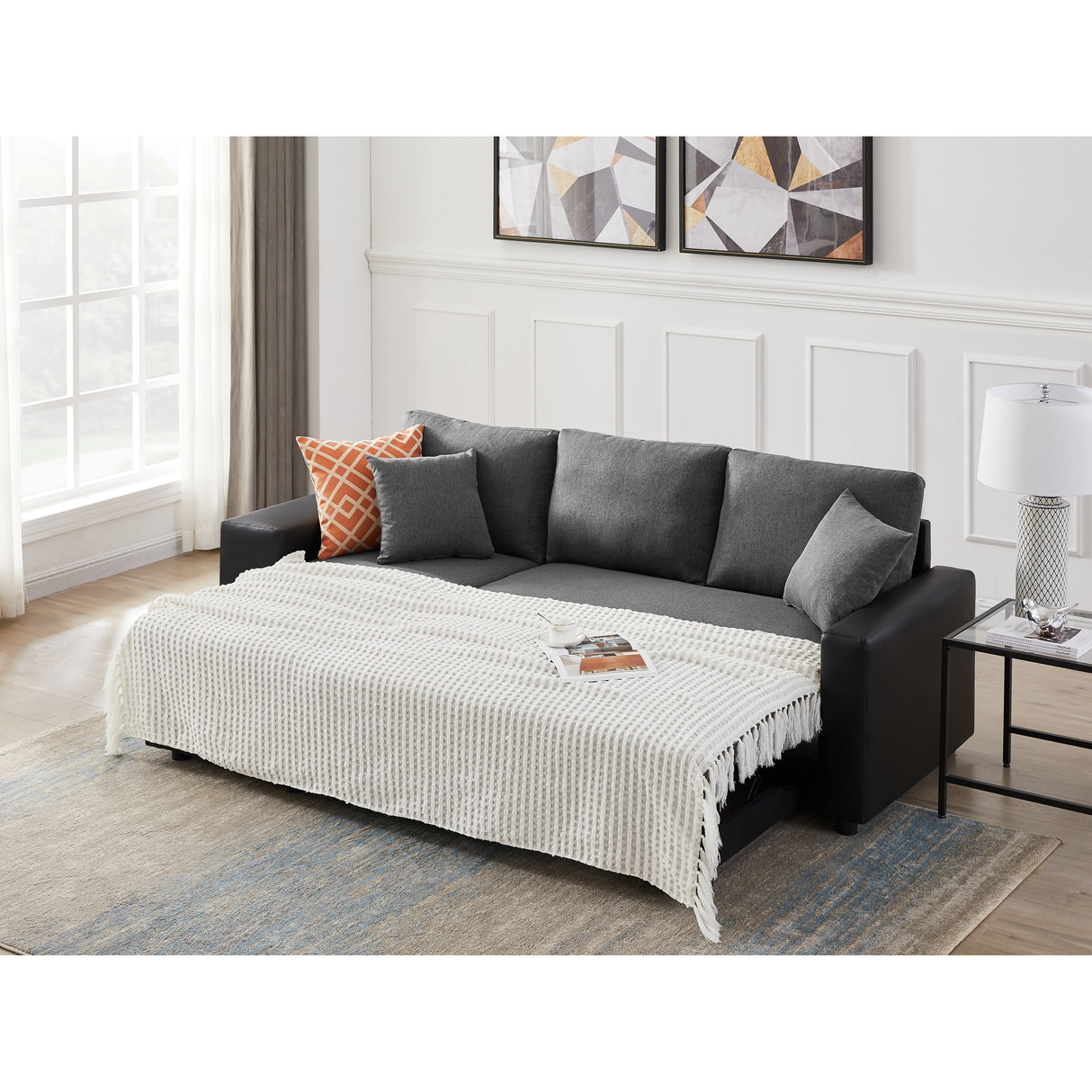 Artemax 92.5 inchLinen Reversible Sleeper Sectional Sofa with storage and 2 stools Steel Gray