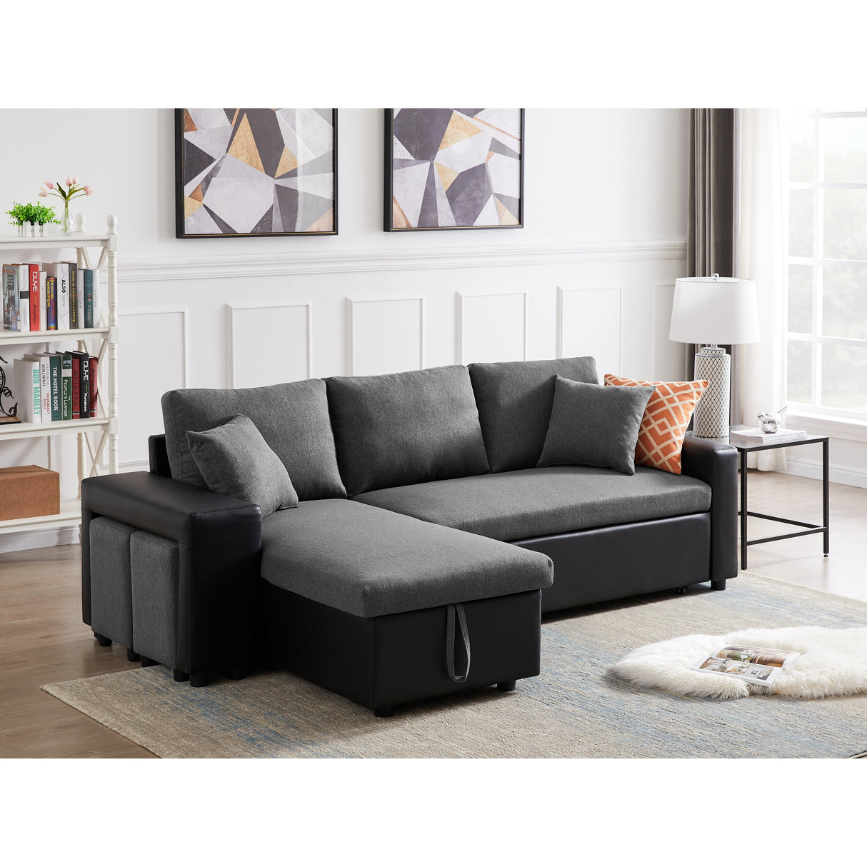Artemax 92.5 inchLinen Reversible Sleeper Sectional Sofa with storage and 2 stools Steel Gray
