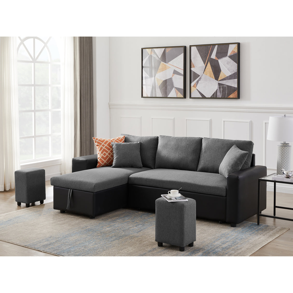 Artemax 92.5 inchLinen Reversible Sleeper Sectional Sofa with storage and 2 stools Steel Gray
