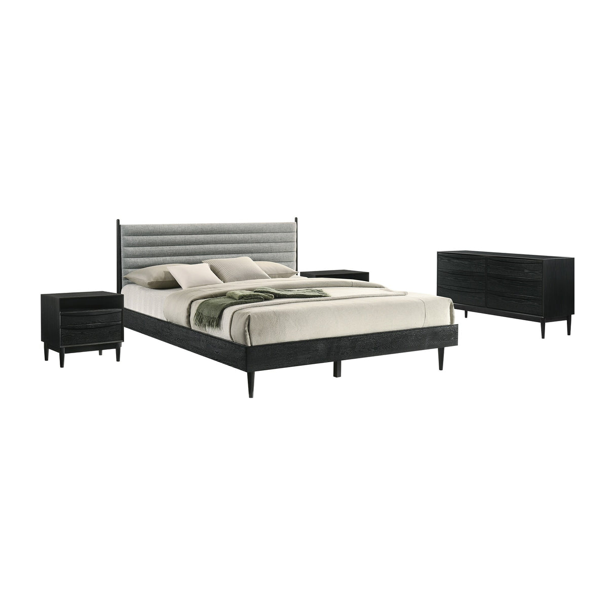 Artemio Black or Walnut Wood 4 Piece Bedroom Set with Grey Upholstered Headboard