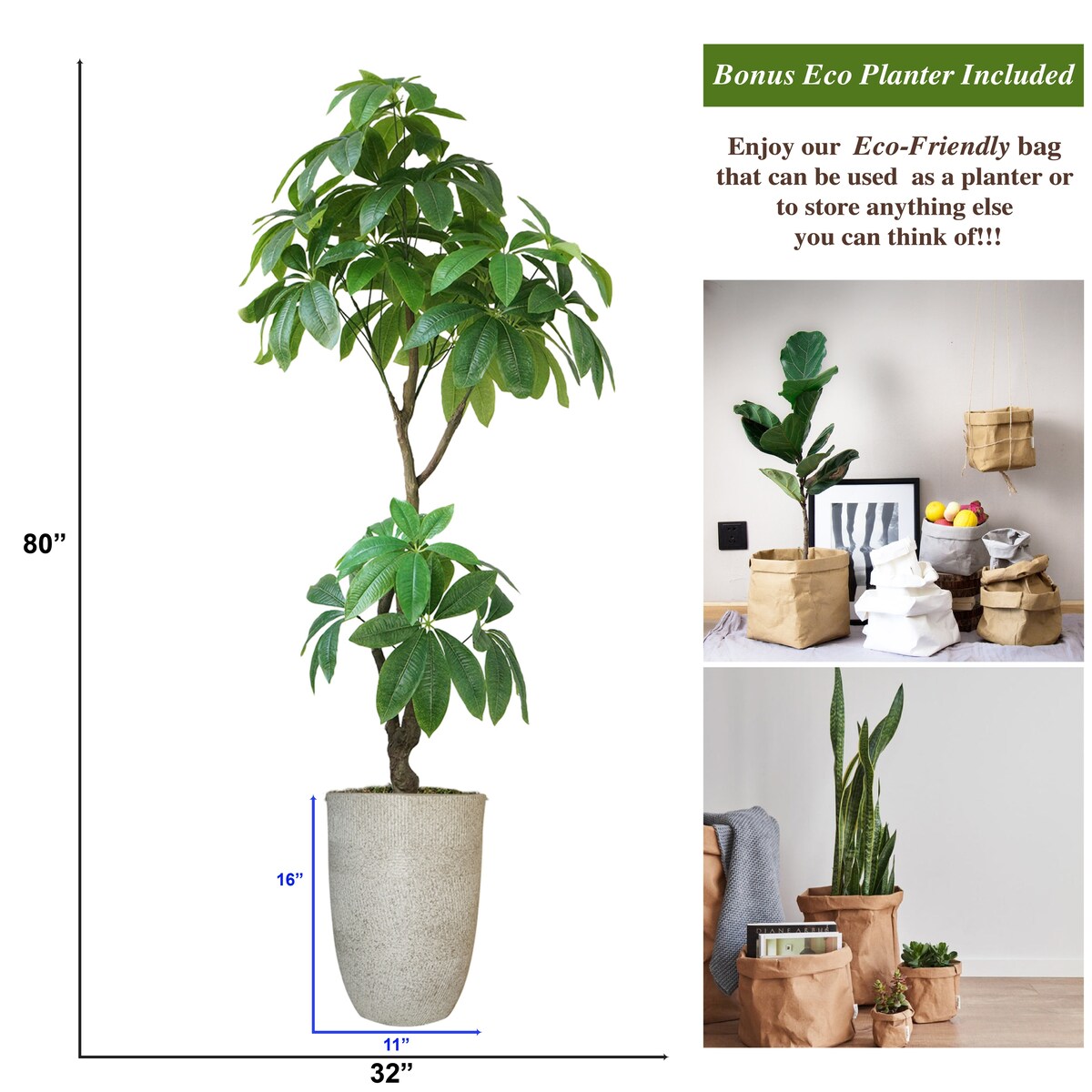 Artificial Faux Real Touch 6.67 Ft R/T Pachira Aqua In Planter - Green - 80" Tall