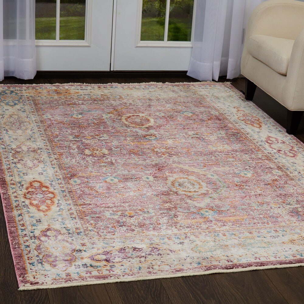Artisan Pink-Ivory Distressed Area Rug with Fringe by Nicole Miller - 7'10"x10'2"
