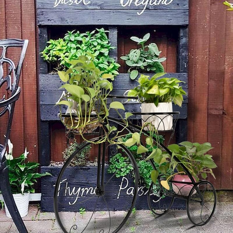 Zimtown Paint Iron Bicycle Shape 3 Plant Stand Black