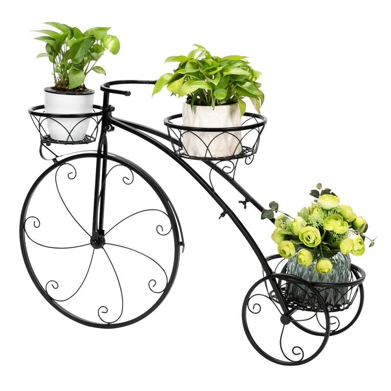 Zimtown Paint Iron Bicycle Shape 3 Plant Stand Black