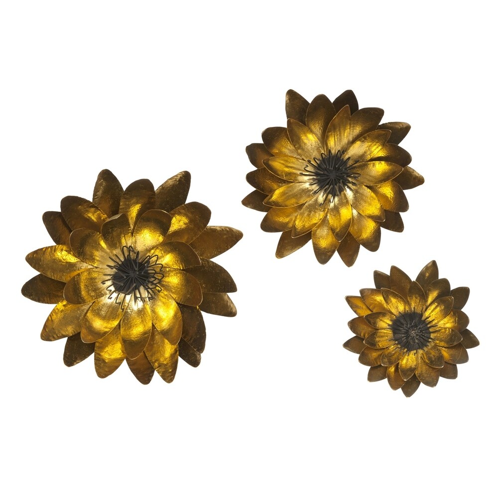 Artistically Flower Designed Iron Wall Decor Set, Gold and Yellow