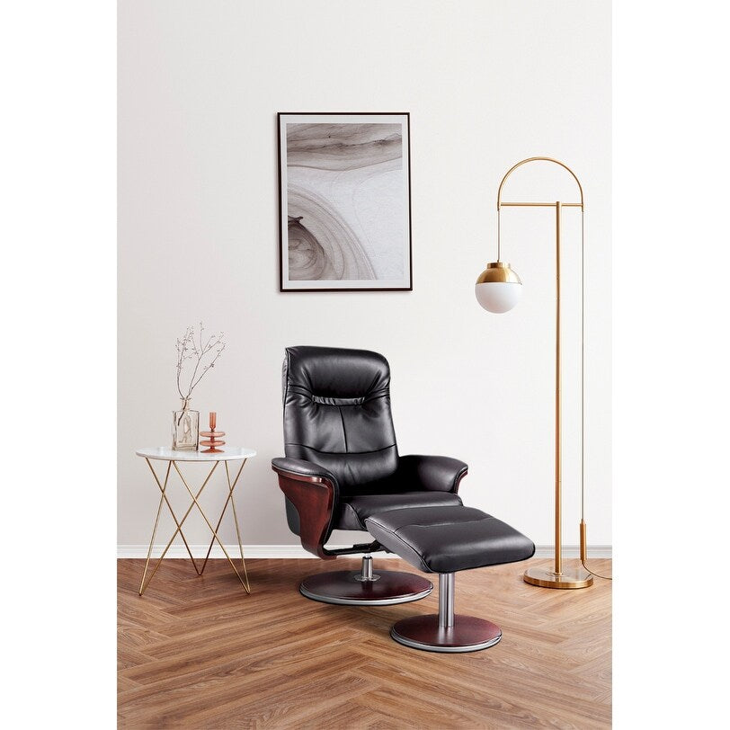 Artiva Black Leather Swivel Recliner and Ottoman Set