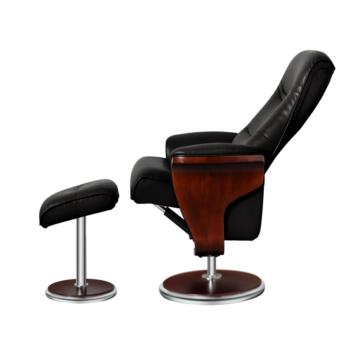 Artiva Milano Bend Wood Leather Swivel Recliner w/ Ottoman, Black