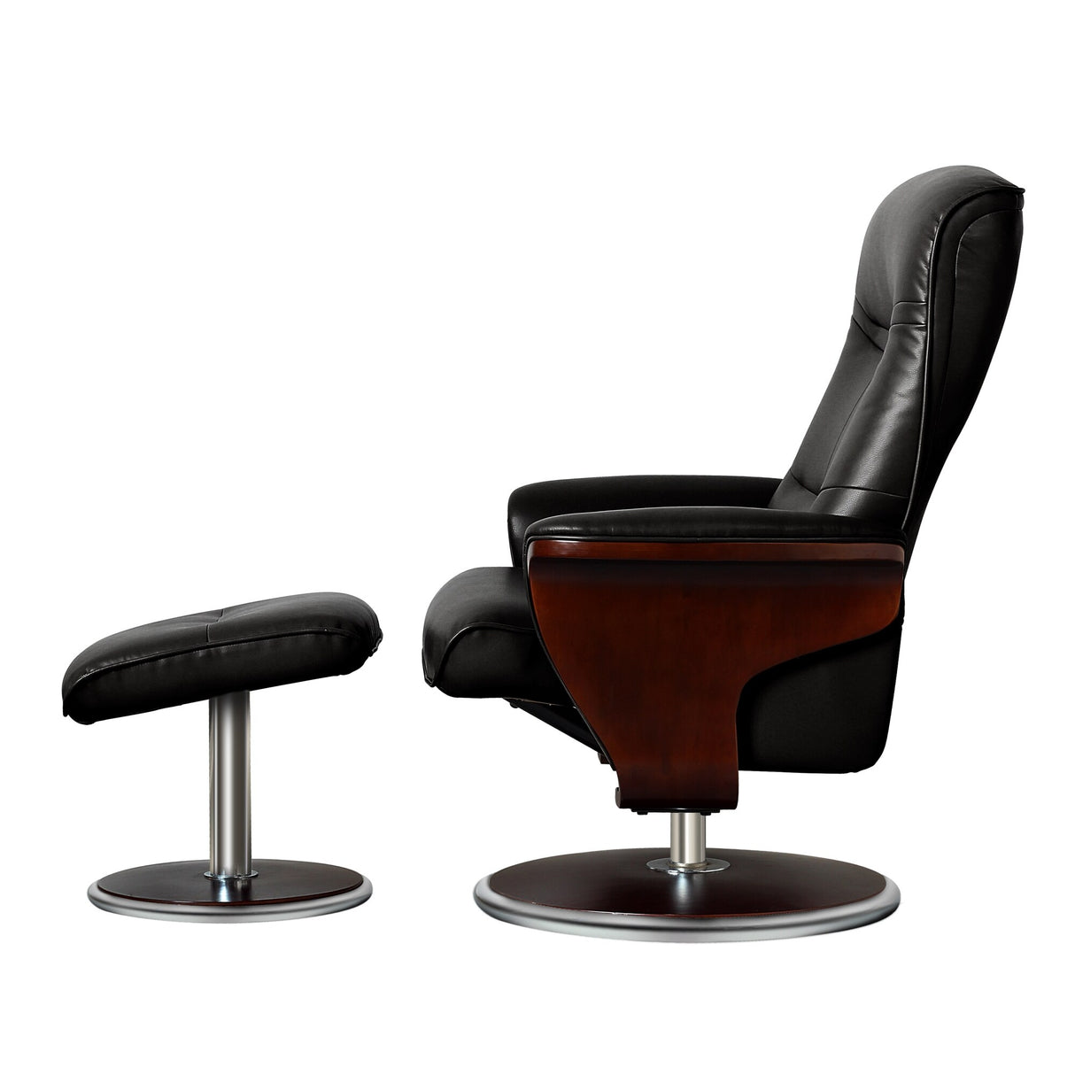 Artiva Milano Bend Wood Leather Swivel Recliner w/ Ottoman, Black