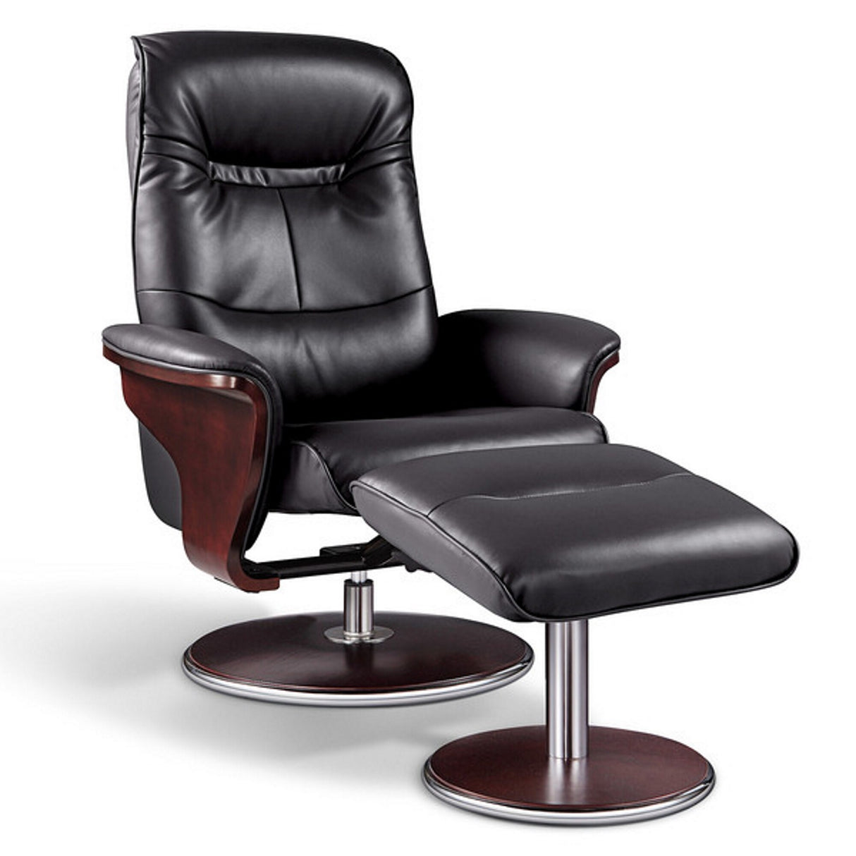 Artiva Milano Bend Wood Leather Swivel Recliner w/ Ottoman, Black