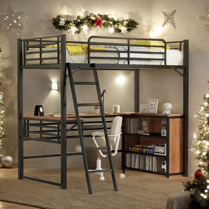 Artsy Full Size Metal Loft Bed with 3 Layers and L-shaped Desk, Black