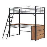 Artsy Full Size Metal Loft Bed with 3 Layers and L-shaped Desk, Black