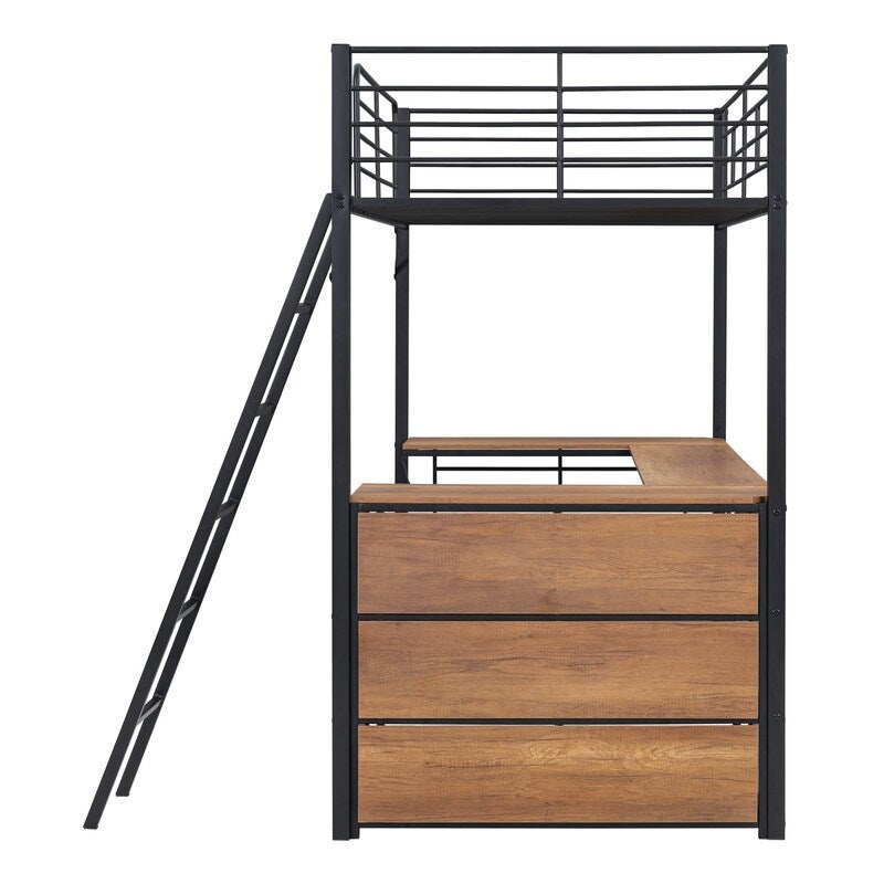 Artsy Full Size Metal Loft Bed with 3 Layers and L-shaped Desk, Black