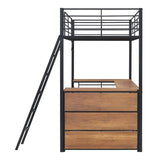 Artsy Full Size Metal Loft Bed with 3 Layers and L-shaped Desk, Black