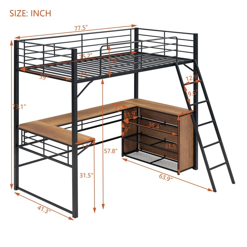 Artsy Full Size Metal Loft Bed with 3 Layers and L-shaped Desk, Black
