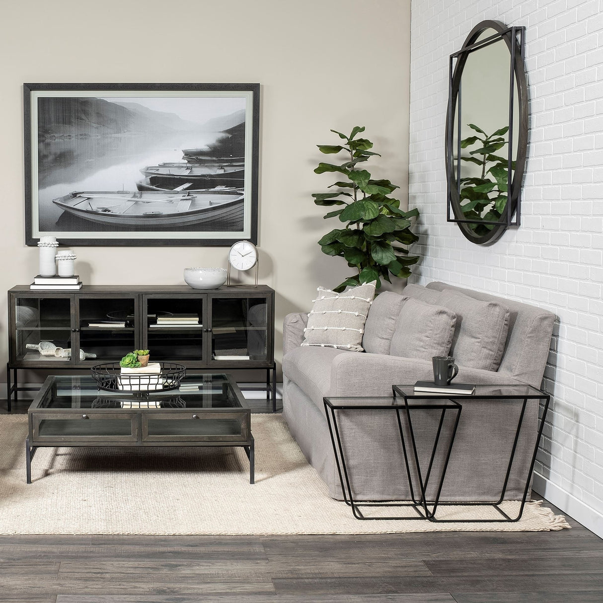 Arya Glass Top w/ Black Iron Frame Rectangular Accent Tables (Set of 2) - 23.6L x 9.8W x 21.7H