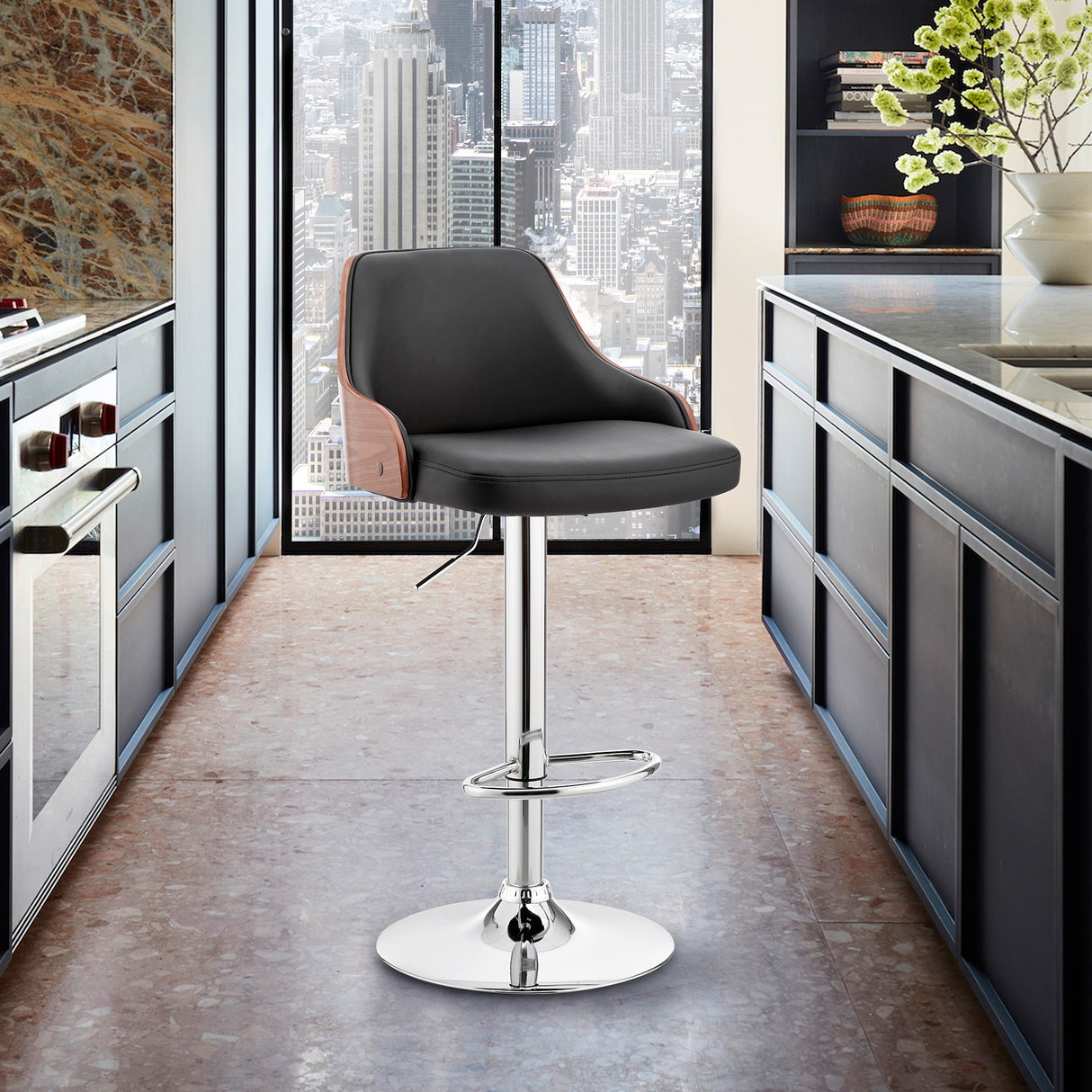 Asher Adjustable Faux Leather and Metal Bar Stool
