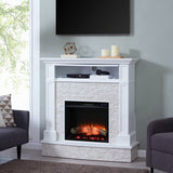 SEI Furniture Ashfield White Faux Stone Electric Fireplace with Storage