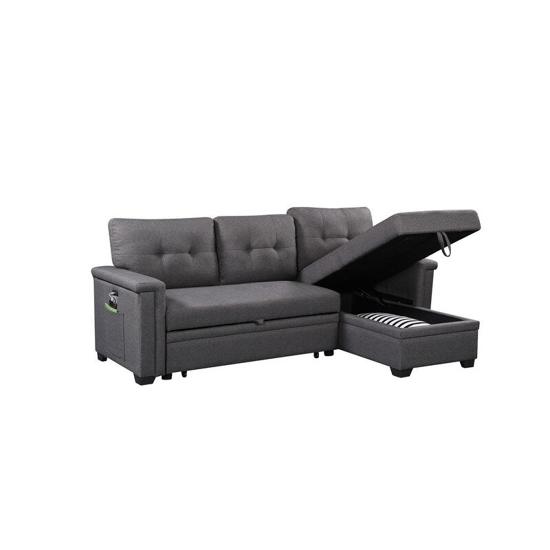 Ashlyn 84-inch Dark Gray Reversible Sleeper Sectional Sofa with Storage Chaise and USB Charging Ports - 84"W x 54"D x 35"H