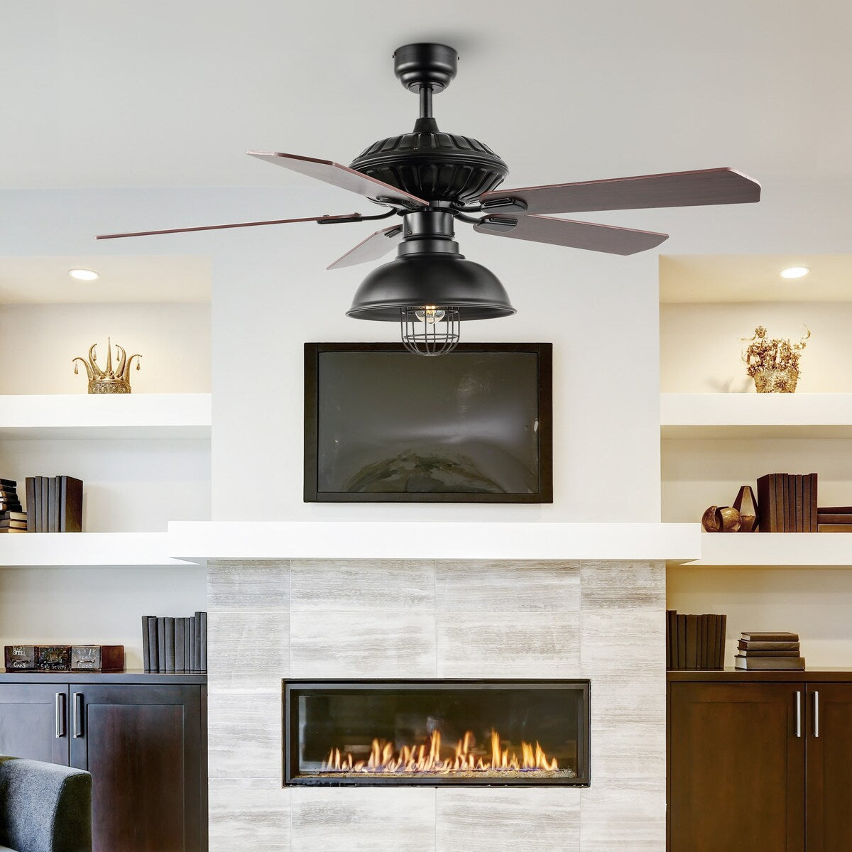 Ashton 52" 1-Light Farmhouse Industrial Iron Dome Shade LED Ceiling Fan With Remote, Black by JONATHAN Y